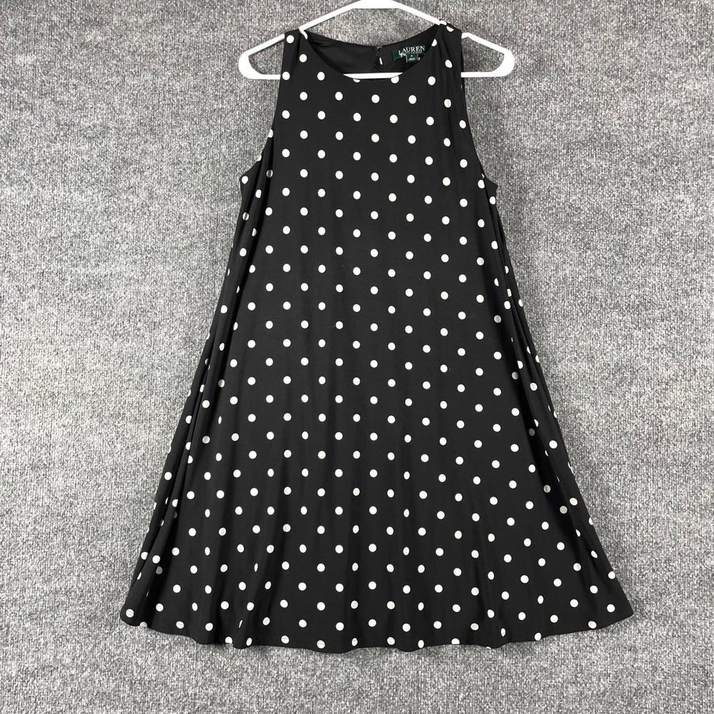 LRL Ralph Lauren Dress Womens 8 Black Polka Dot Sleeveless A Line Timeless Cute